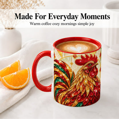 #pl[11oz|Red] Stained Glass Rooster Ceramic Mug with Red Green and Gold Artwork