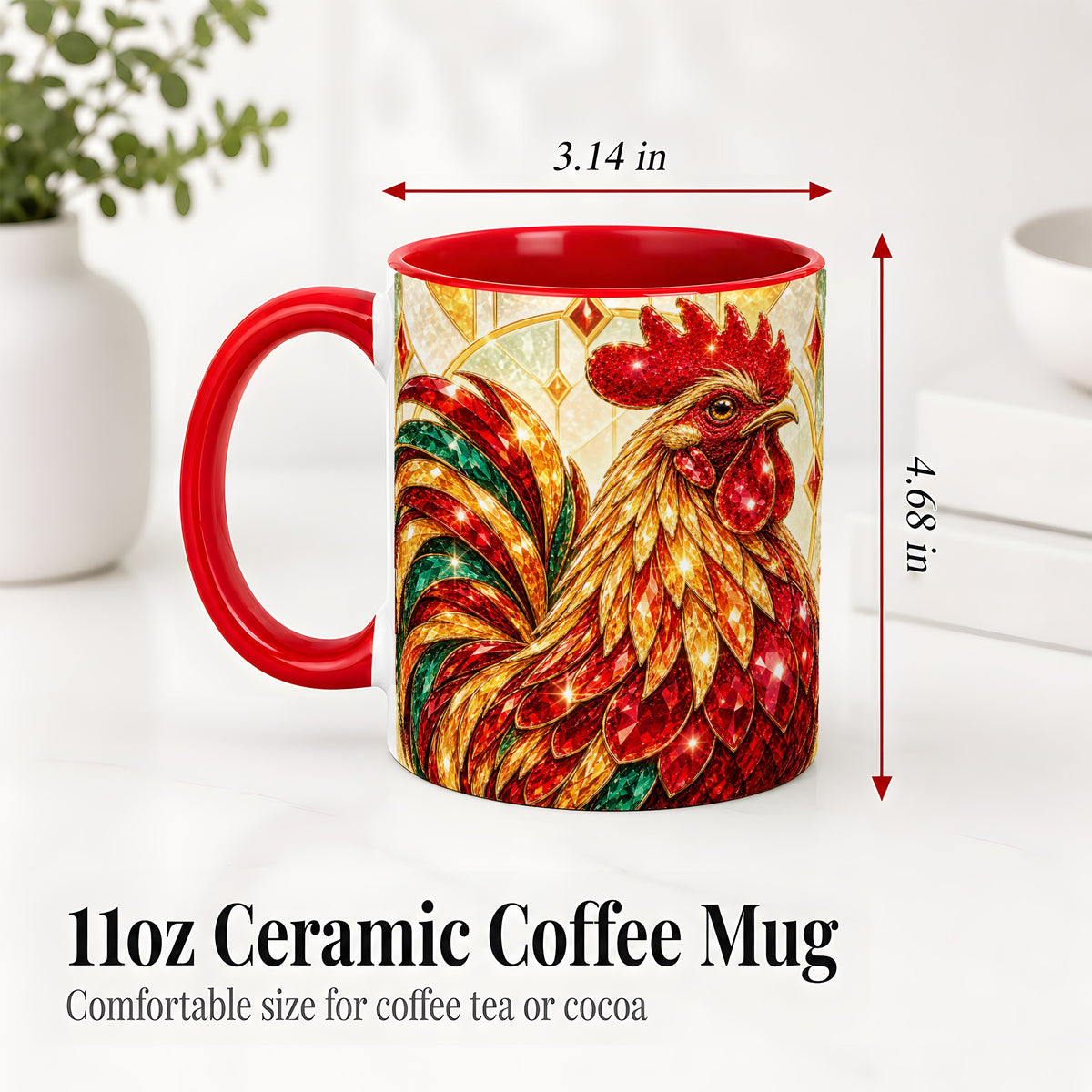 #pl[11oz|Red] Stained Glass Rooster Ceramic Mug with Red Green and Gold Artwork
