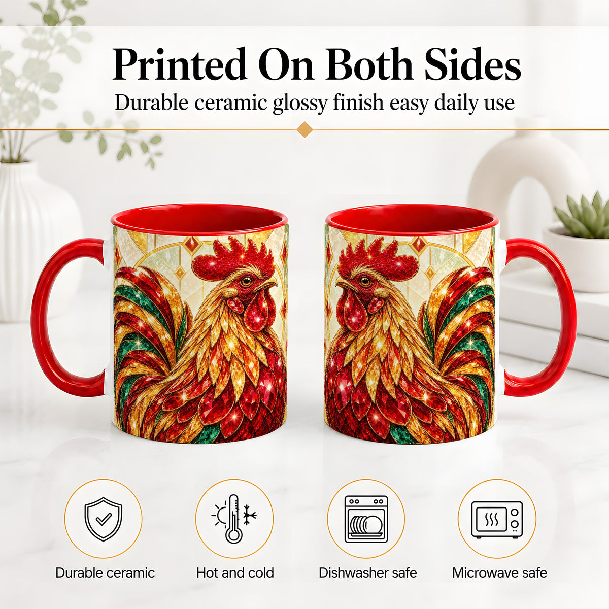 #pl[11oz|Red] Stained Glass Rooster Ceramic Mug with Red Green and Gold Artwork