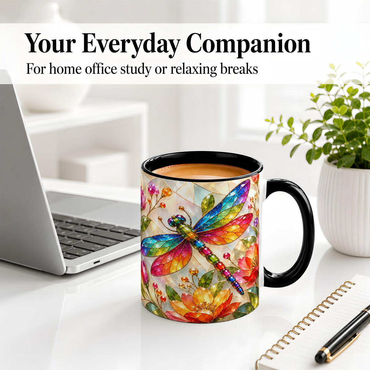 #pl[11oz|Black] Dragonfly Stained Glass Accent Mug, Floral Nature Artwork Design