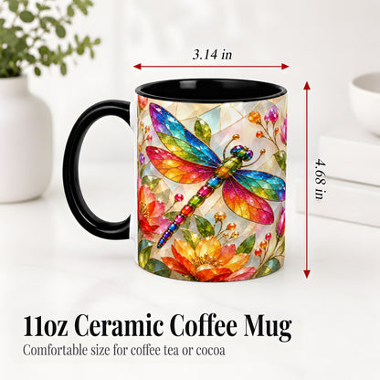 #pl[11oz|Black] Dragonfly Stained Glass Accent Mug, Floral Nature Artwork Design