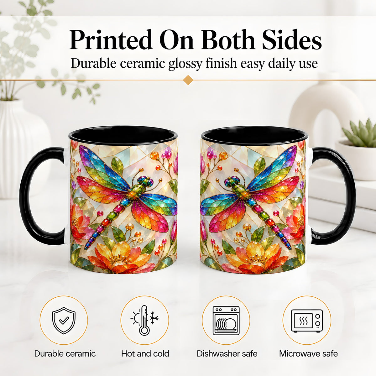#pl[11oz|Black] Dragonfly Stained Glass Accent Mug, Floral Nature Artwork Design