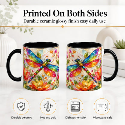 #pl[11oz|Black] Dragonfly Stained Glass Accent Mug, Floral Nature Artwork Design