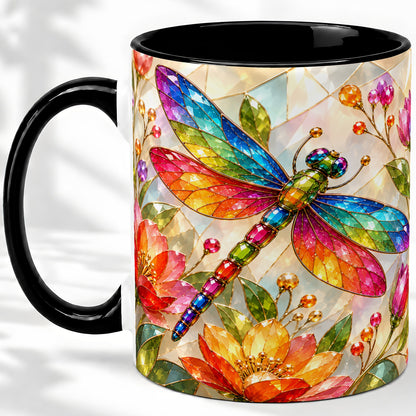 #pl[11oz|Black] Dragonfly Stained Glass Accent Mug, Floral Nature Artwork Design