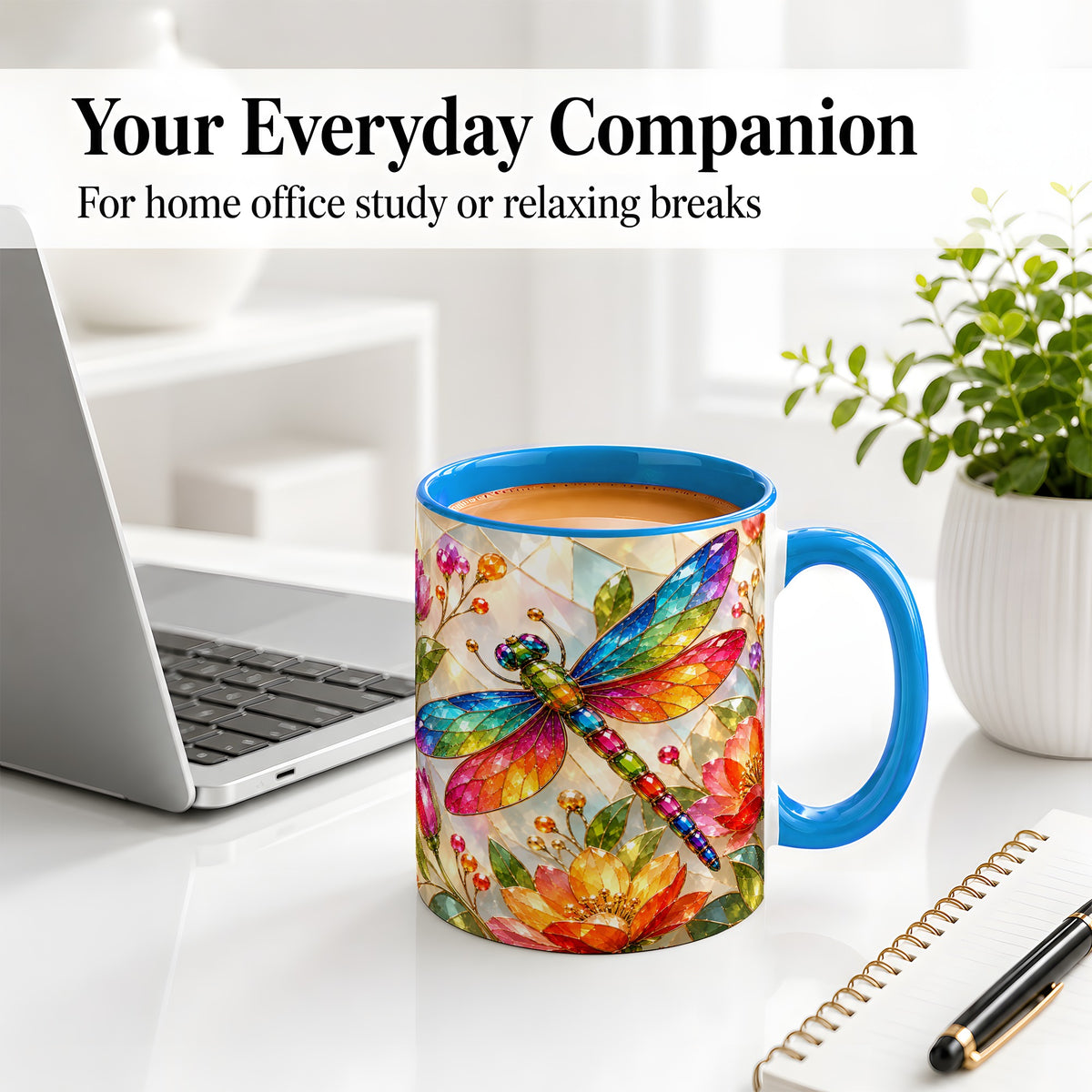 #pl[11oz|Blue] Dragonfly Stained Glass Accent Mug, Floral Nature Artwork Design