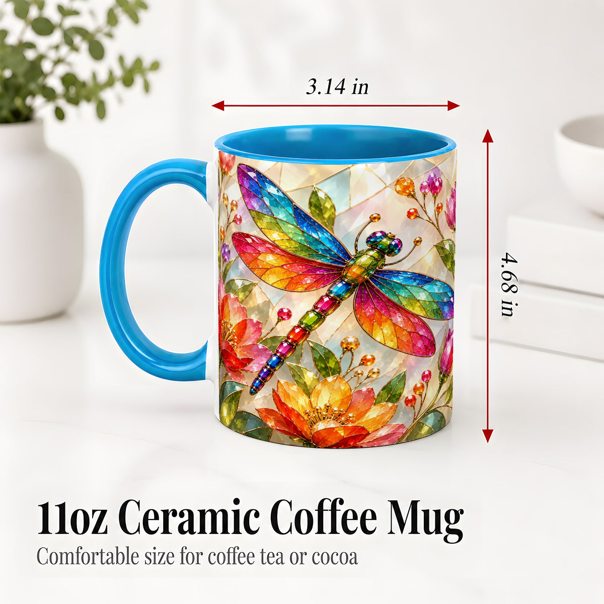 #pl[11oz|Blue] Dragonfly Stained Glass Accent Mug, Floral Nature Artwork Design