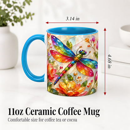 #pl[11oz|Blue] Dragonfly Stained Glass Accent Mug, Floral Nature Artwork Design