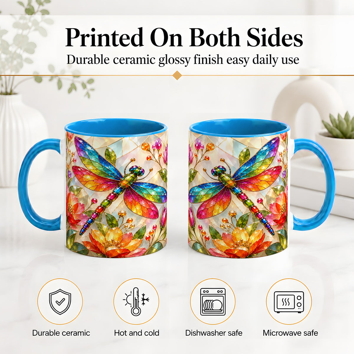 #pl[11oz|Blue] Dragonfly Stained Glass Accent Mug, Floral Nature Artwork Design