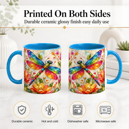 #pl[11oz|Blue] Dragonfly Stained Glass Accent Mug, Floral Nature Artwork Design