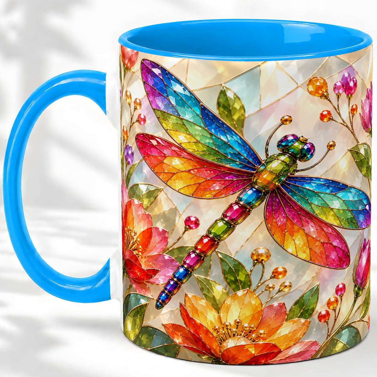 #pl[11oz|Blue] Dragonfly Stained Glass Accent Mug, Floral Nature Artwork Design