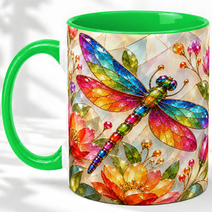 #pl[11oz|Green] Dragonfly Stained Glass Accent Mug, Floral Nature Artwork Design