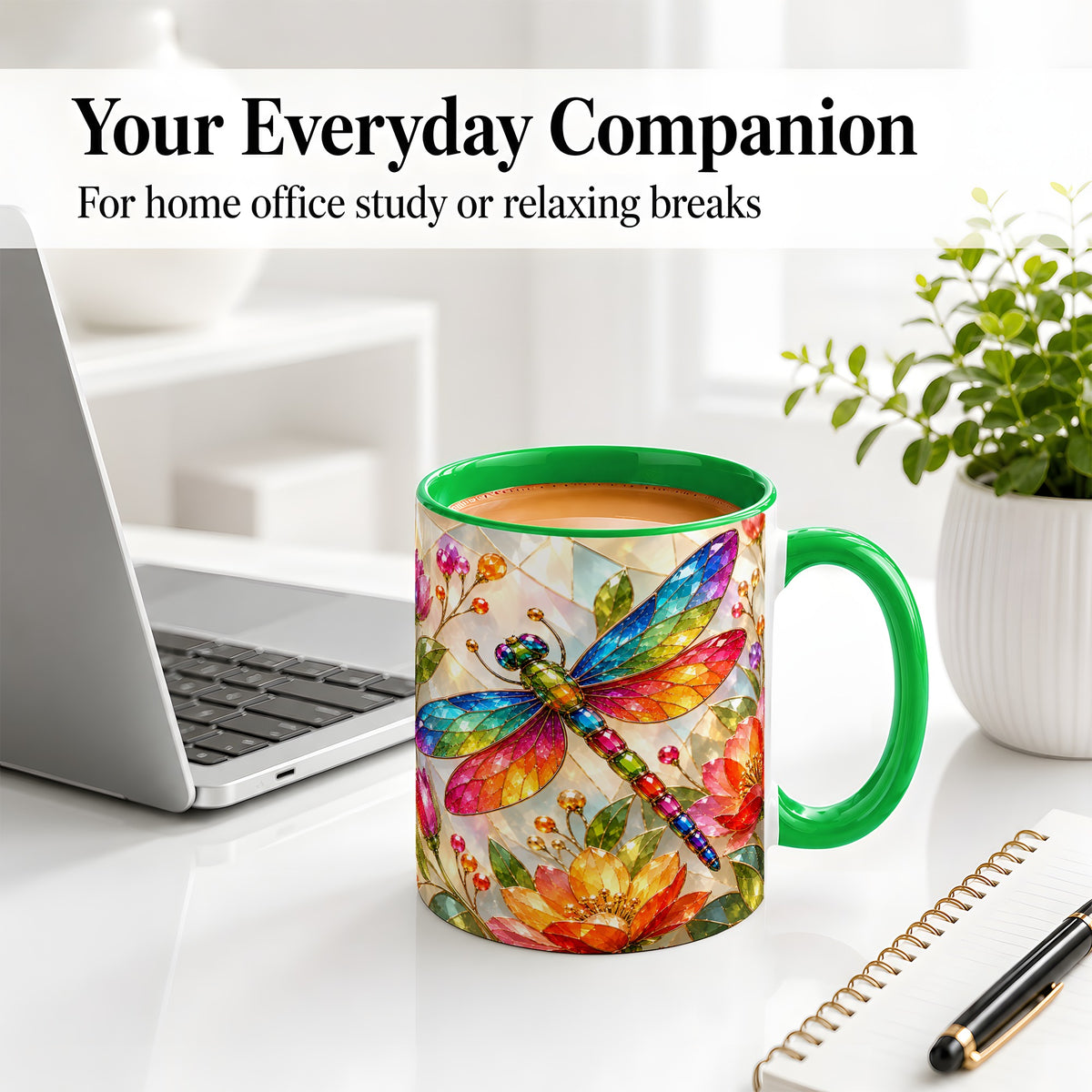 #pl[11oz|Green] Dragonfly Stained Glass Accent Mug, Floral Nature Artwork Design