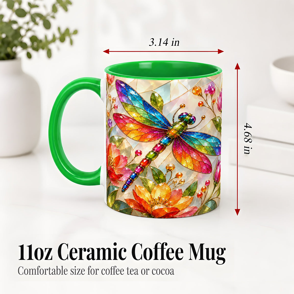 #pl[11oz|Green] Dragonfly Stained Glass Accent Mug, Floral Nature Artwork Design