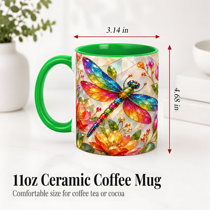 #pl[11oz|Green] Dragonfly Stained Glass Accent Mug, Floral Nature Artwork Design
