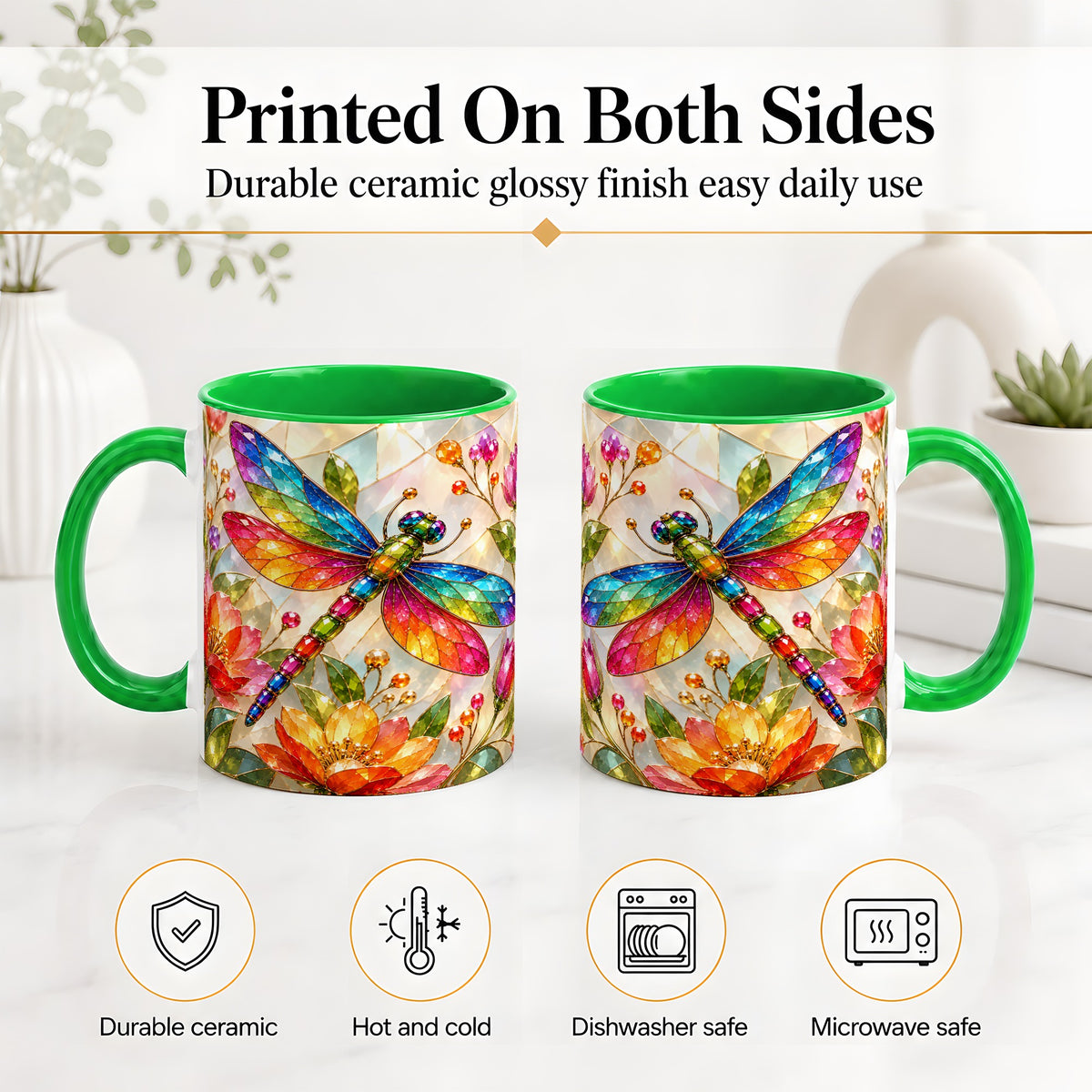 #pl[11oz|Green] Dragonfly Stained Glass Accent Mug, Floral Nature Artwork Design