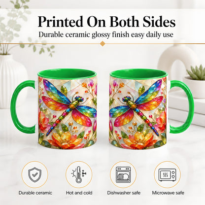 #pl[11oz|Green] Dragonfly Stained Glass Accent Mug, Floral Nature Artwork Design