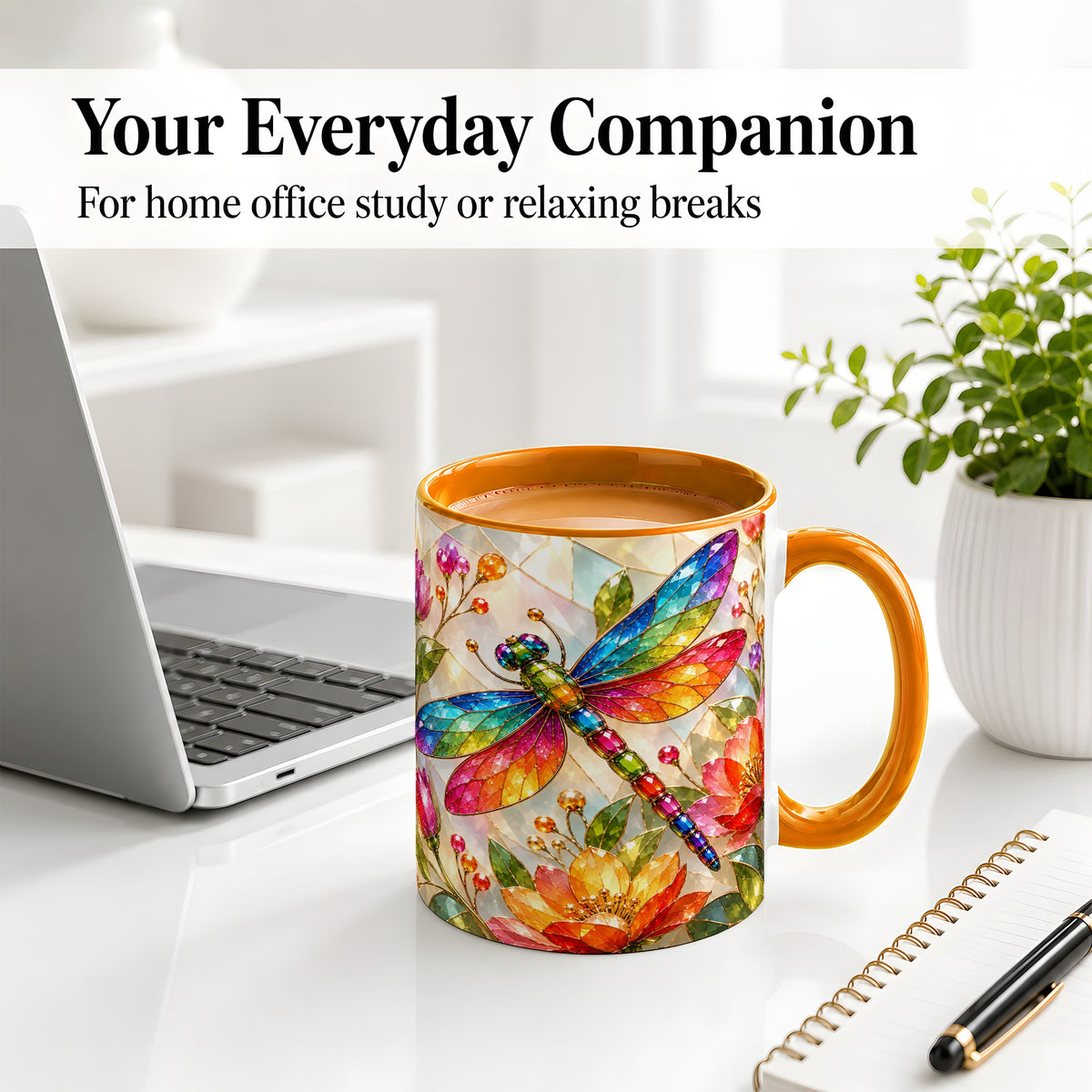 #pl[11oz|Orange] Dragonfly Stained Glass Accent Mug, Floral Nature Artwork Design