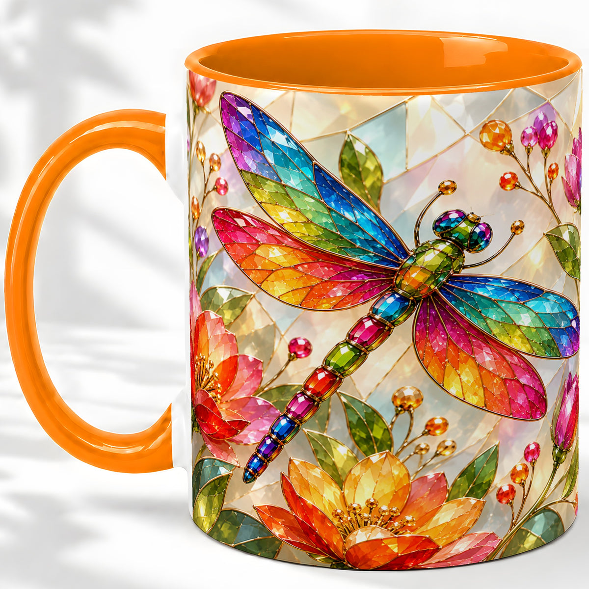 #pl[11oz|Orange] Dragonfly Stained Glass Accent Mug, Floral Nature Artwork Design