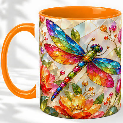 #pl[11oz|Orange] Dragonfly Stained Glass Accent Mug, Floral Nature Artwork Design