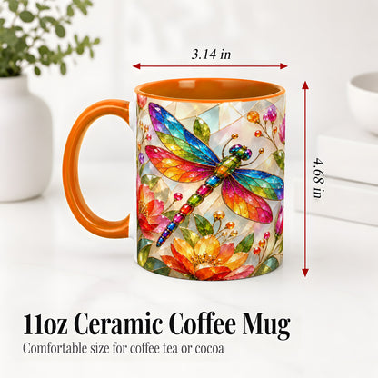 #pl[11oz|Orange] Dragonfly Stained Glass Accent Mug, Floral Nature Artwork Design