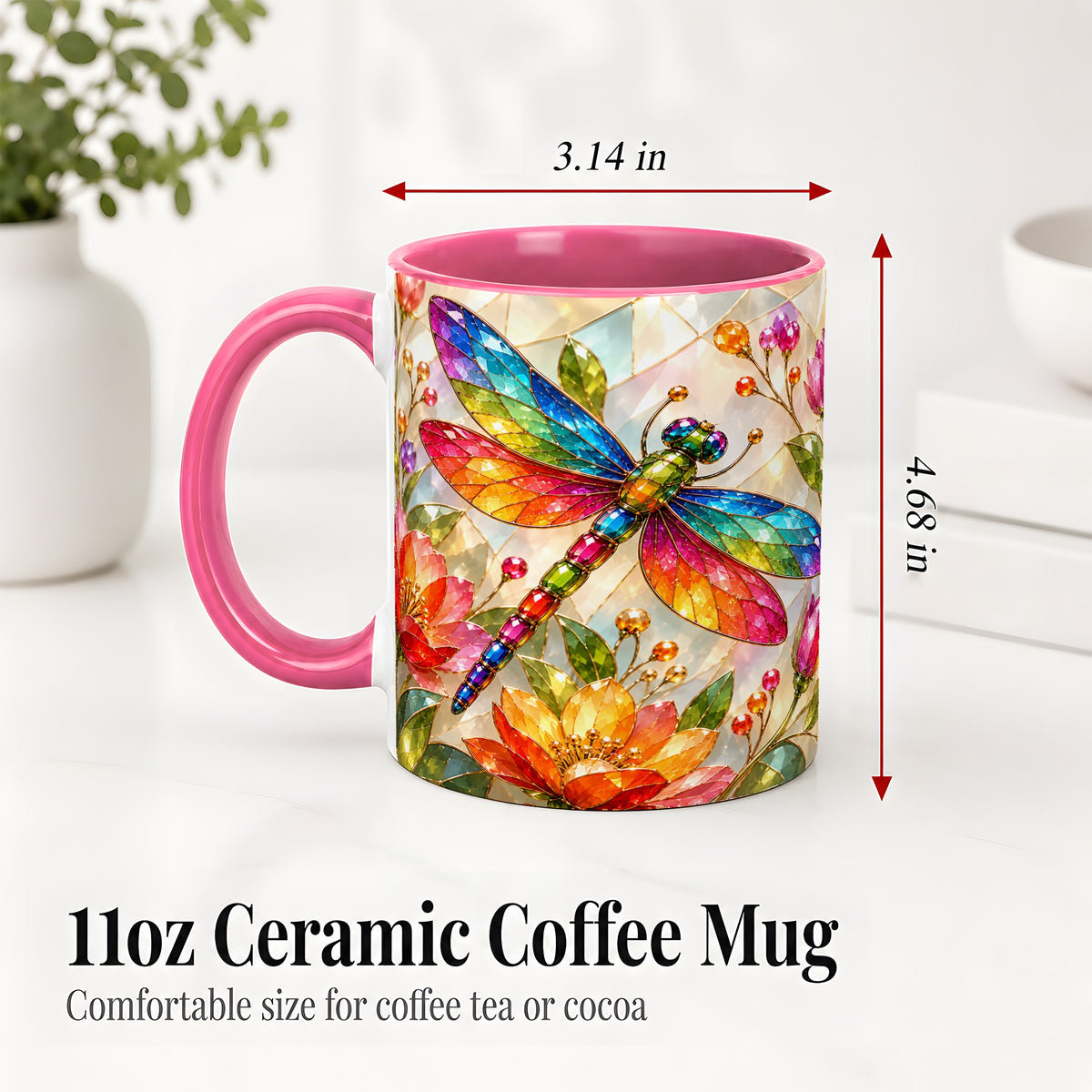 #pl[11oz|Pink] Dragonfly Stained Glass Accent Mug, Floral Nature Artwork Design