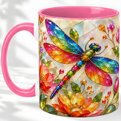 #pl[11oz|Pink] Dragonfly Stained Glass Accent Mug, Floral Nature Artwork Design