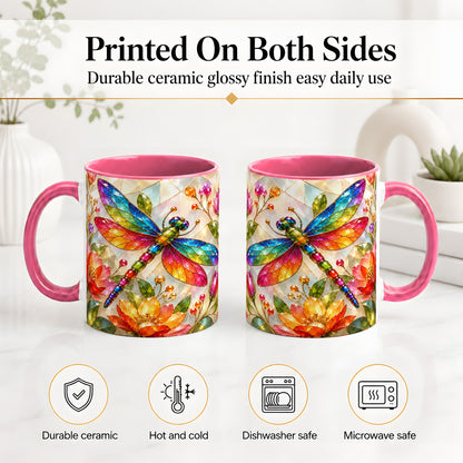#pl[11oz|Pink] Dragonfly Stained Glass Accent Mug, Floral Nature Artwork Design