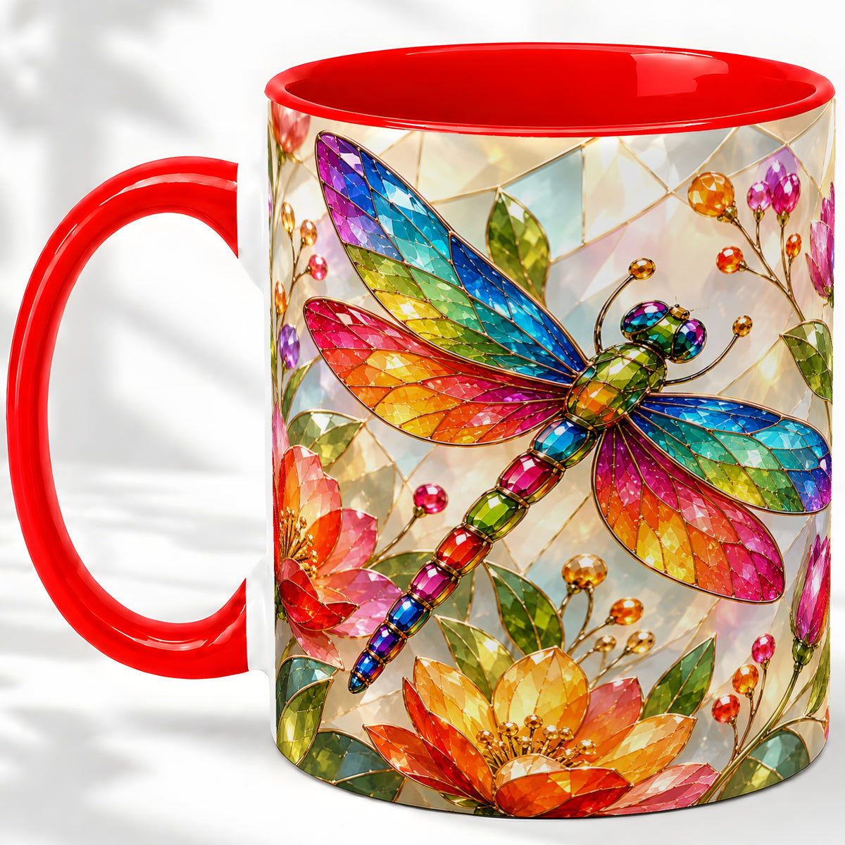 Dragonfly Stained Glass Accent Mug, Floral Nature Artwork Design