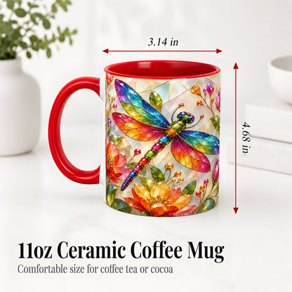 #pl[11oz|Red] Dragonfly Stained Glass Accent Mug, Floral Nature Artwork Design