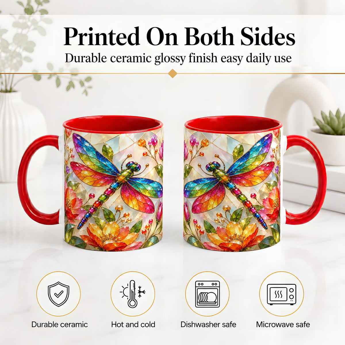 #pl[11oz|Red] Dragonfly Stained Glass Accent Mug, Floral Nature Artwork Design