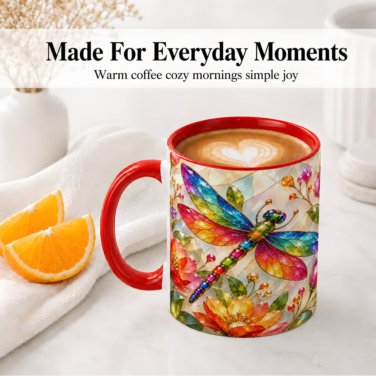 #pl[11oz|Red] Dragonfly Stained Glass Accent Mug, Floral Nature Artwork Design