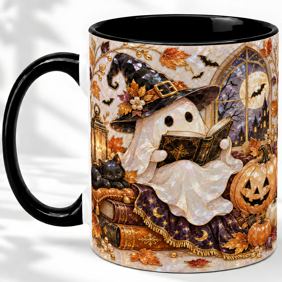 #pl[11oz|Black] Halloween Ghost Accent Mug, Witchy Reading Art for Book Lovers