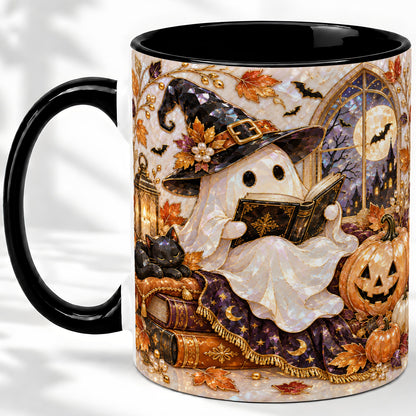 #pl[11oz|Black] Halloween Ghost Accent Mug, Witchy Reading Art for Book Lovers