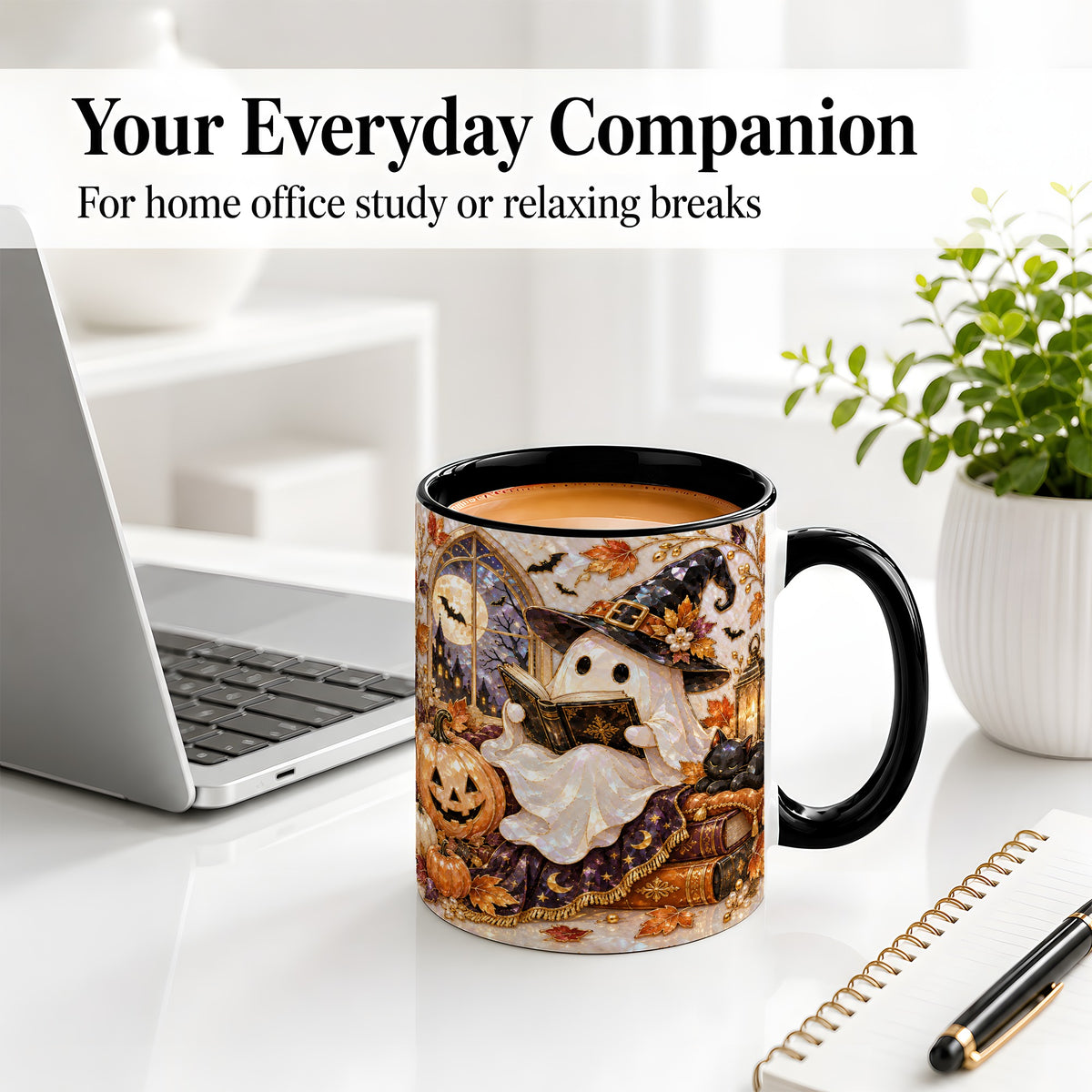 #pl[11oz|Black] Halloween Ghost Accent Mug, Witchy Reading Art for Book Lovers
