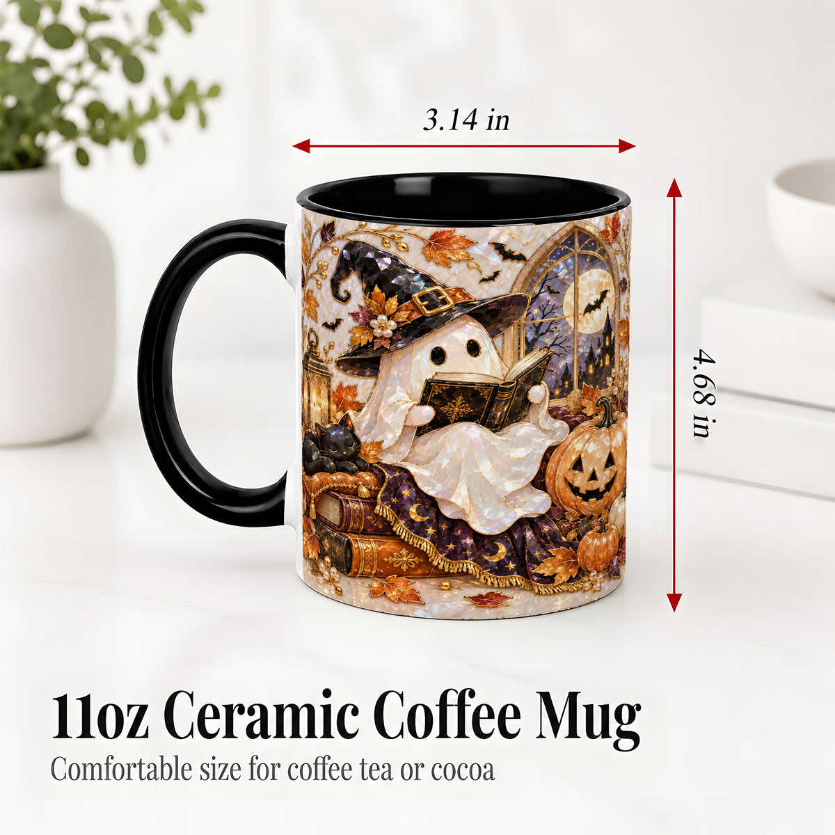 #pl[11oz|Black] Halloween Ghost Accent Mug, Witchy Reading Art for Book Lovers