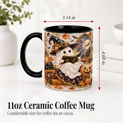 #pl[11oz|Black] Halloween Ghost Accent Mug, Witchy Reading Art for Book Lovers