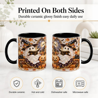 #pl[11oz|Black] Halloween Ghost Accent Mug, Witchy Reading Art for Book Lovers