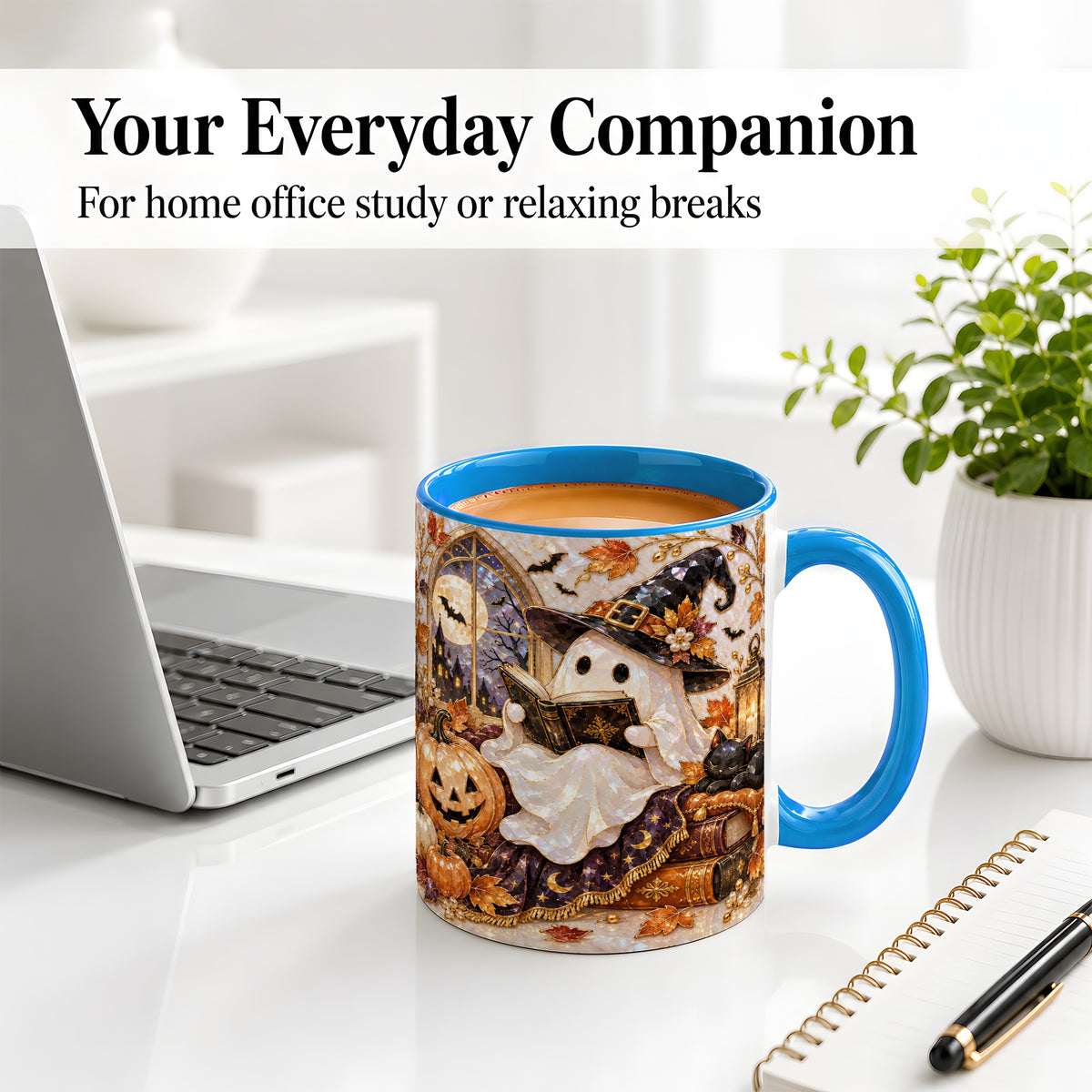 #pl[11oz|Blue] Halloween Ghost Accent Mug, Witchy Reading Art for Book Lovers