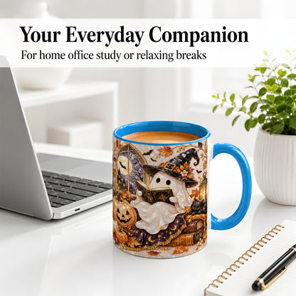 #pl[11oz|Blue] Halloween Ghost Accent Mug, Witchy Reading Art for Book Lovers