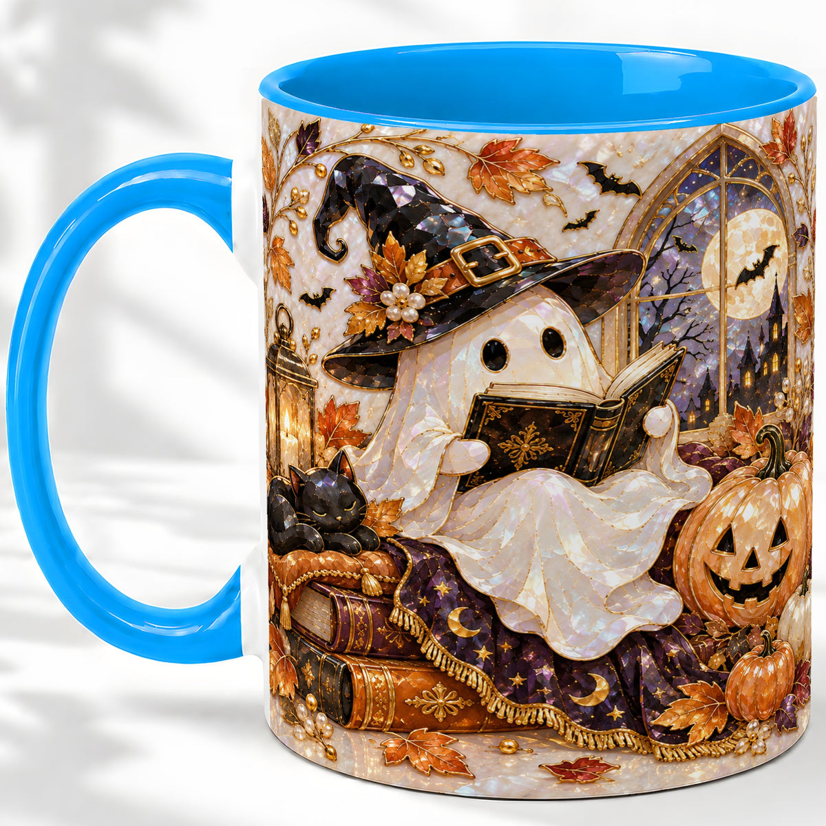 #pl[11oz|Blue] Halloween Ghost Accent Mug, Witchy Reading Art for Book Lovers