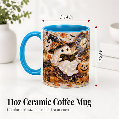 #pl[11oz|Blue] Halloween Ghost Accent Mug, Witchy Reading Art for Book Lovers