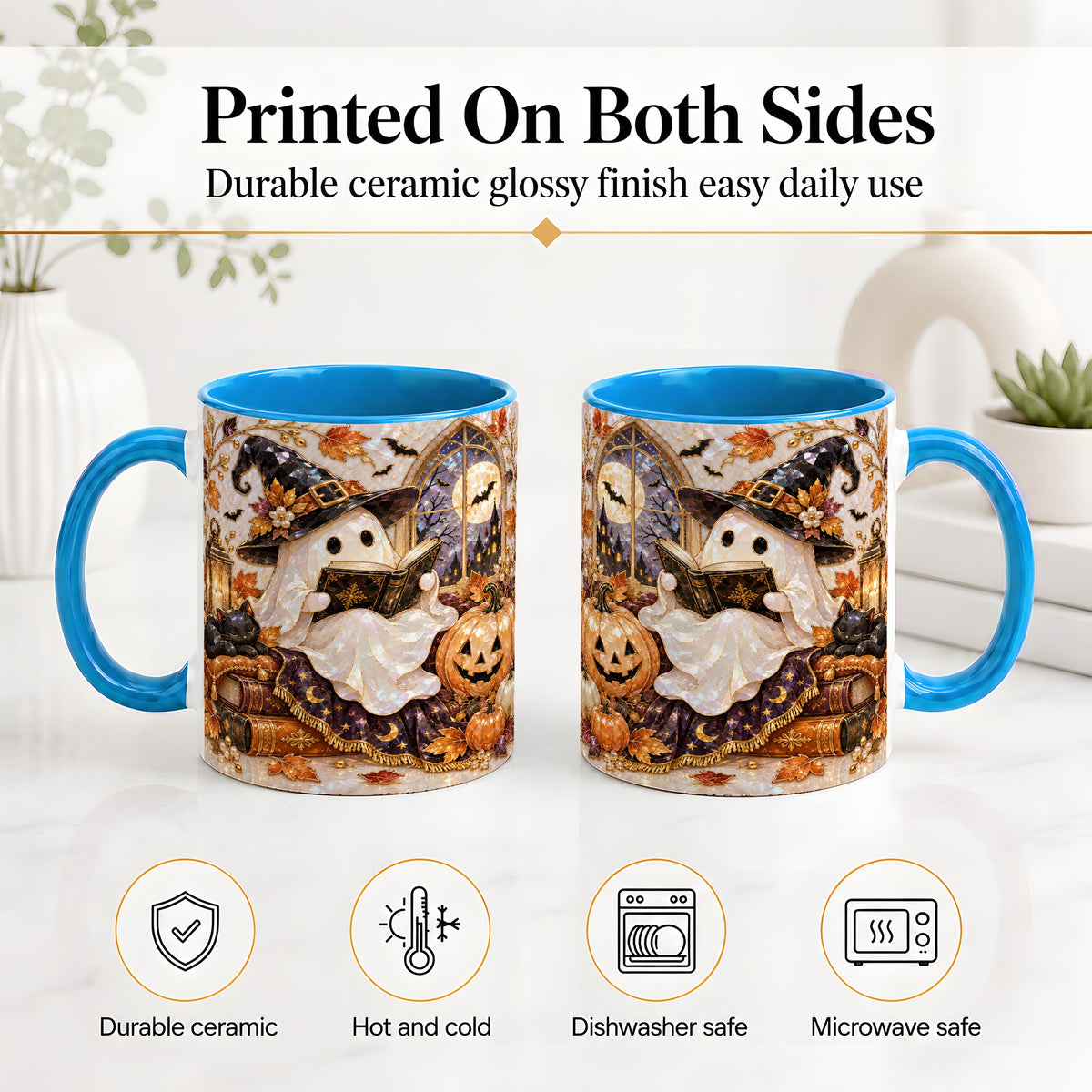 #pl[11oz|Blue] Halloween Ghost Accent Mug, Witchy Reading Art for Book Lovers