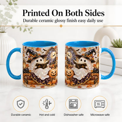 #pl[11oz|Blue] Halloween Ghost Accent Mug, Witchy Reading Art for Book Lovers