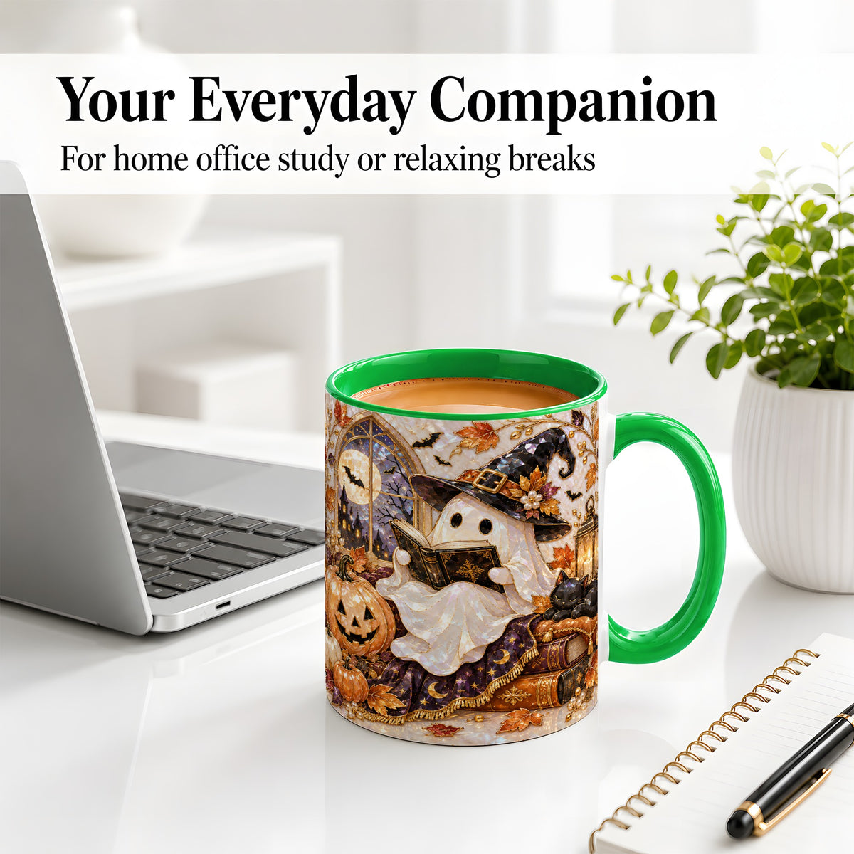 #pl[11oz|Green] Halloween Ghost Accent Mug, Witchy Reading Art for Book Lovers