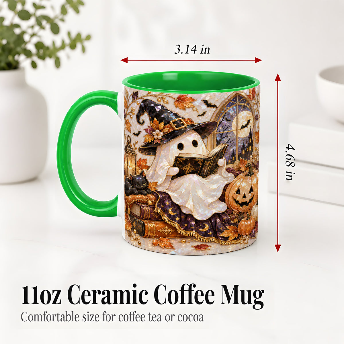 #pl[11oz|Green] Halloween Ghost Accent Mug, Witchy Reading Art for Book Lovers