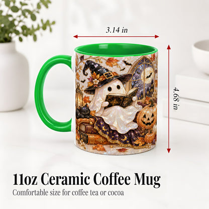#pl[11oz|Green] Halloween Ghost Accent Mug, Witchy Reading Art for Book Lovers