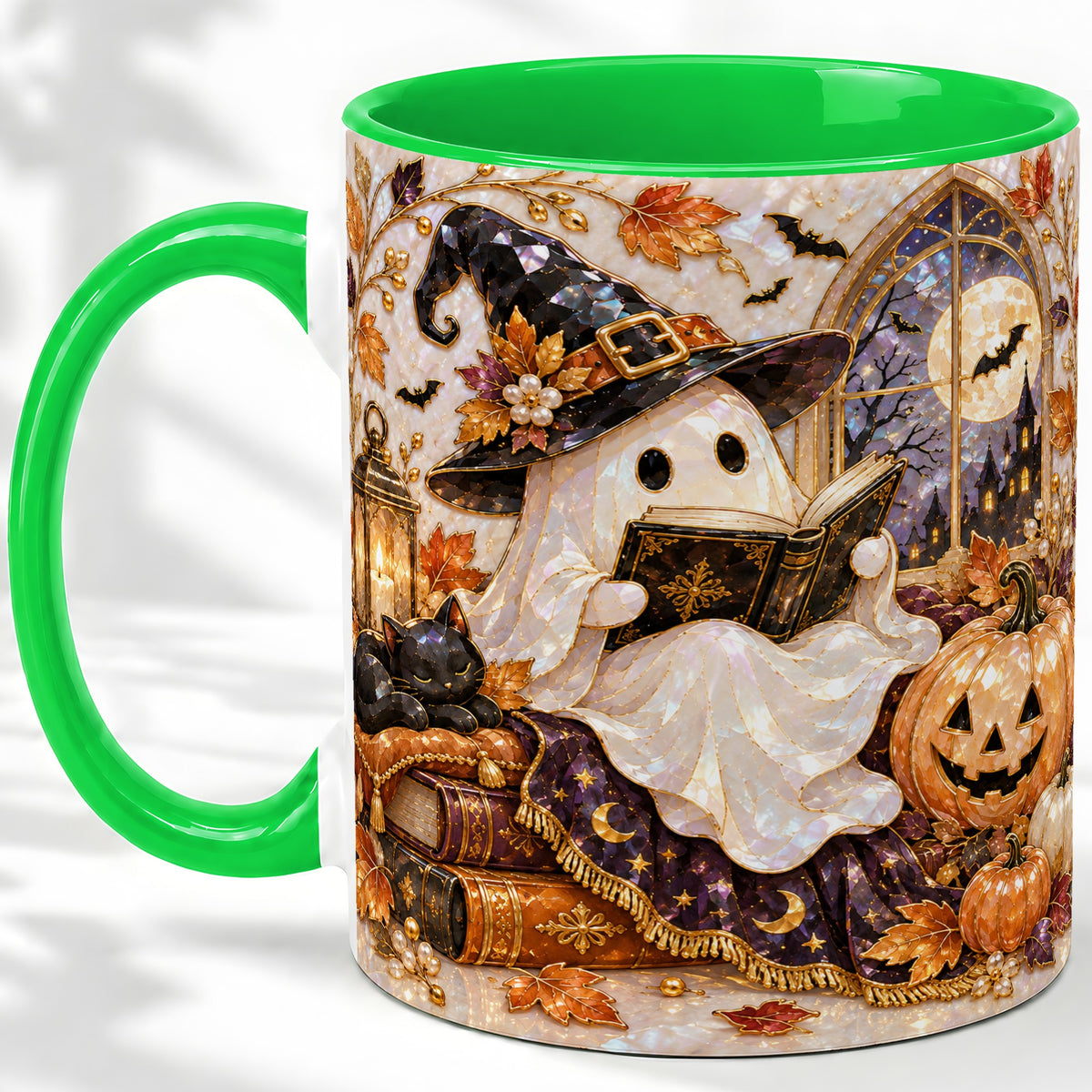 #pl[11oz|Green] Halloween Ghost Accent Mug, Witchy Reading Art for Book Lovers
