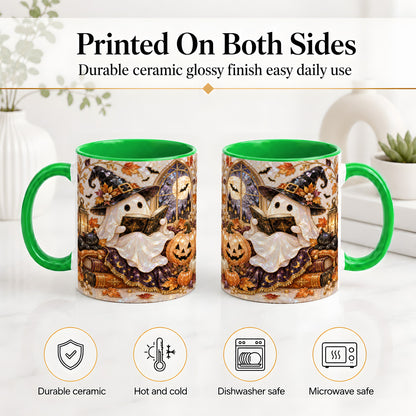 #pl[11oz|Green] Halloween Ghost Accent Mug, Witchy Reading Art for Book Lovers