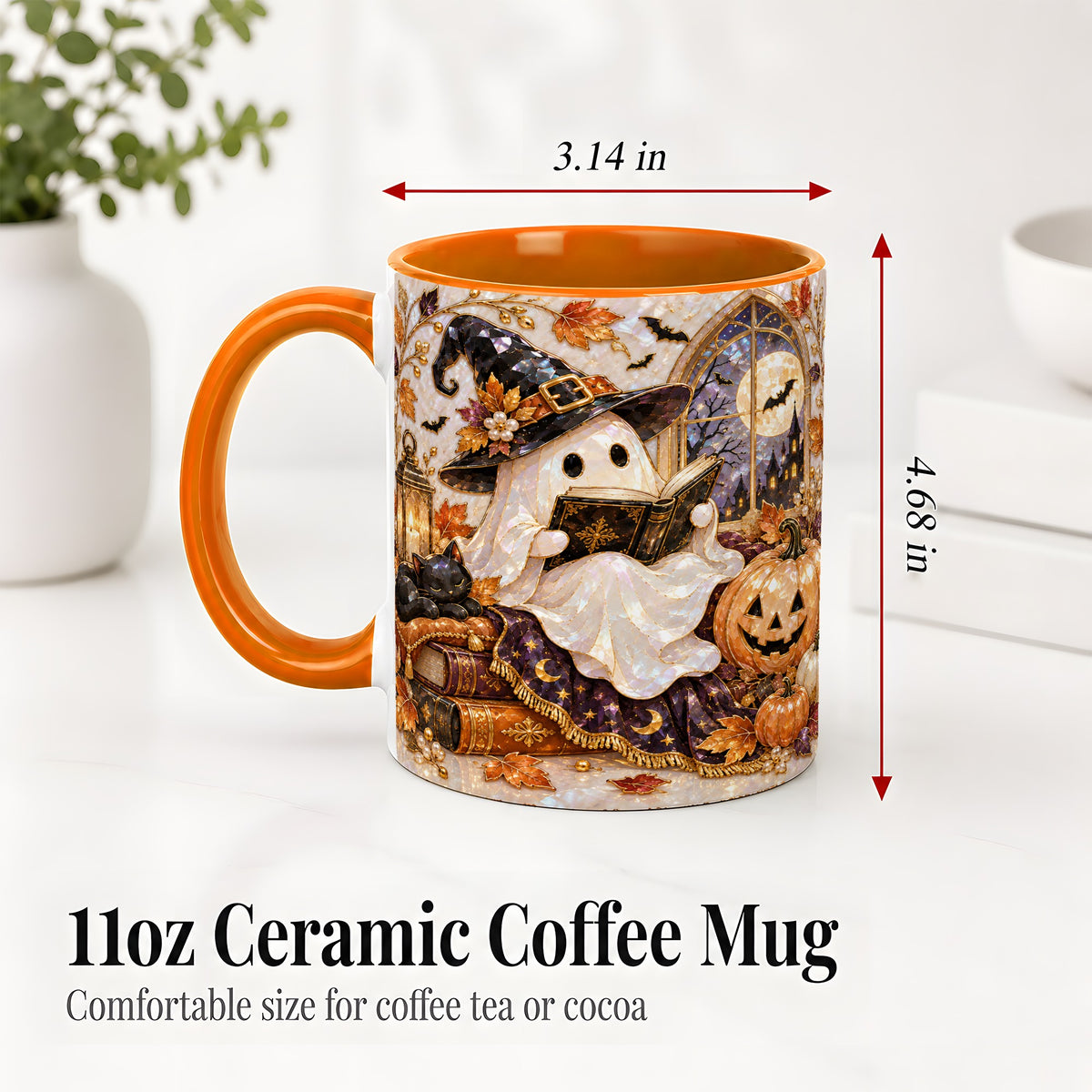 #pl[11oz|Orange] Halloween Ghost Accent Mug, Witchy Reading Art for Book Lovers