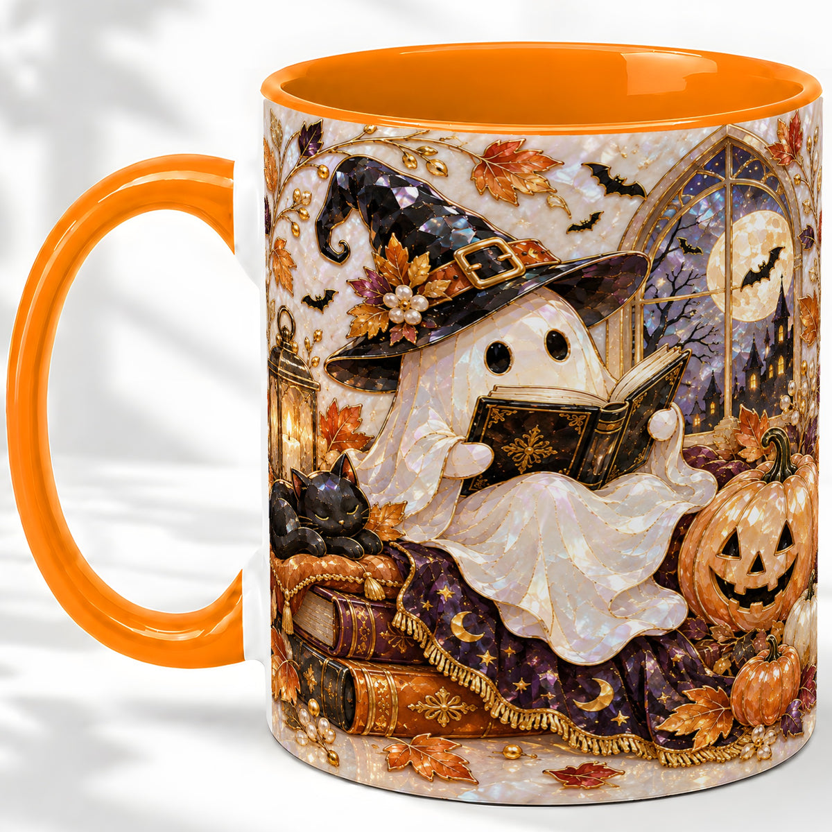 #pl[11oz|Orange] Halloween Ghost Accent Mug, Witchy Reading Art for Book Lovers